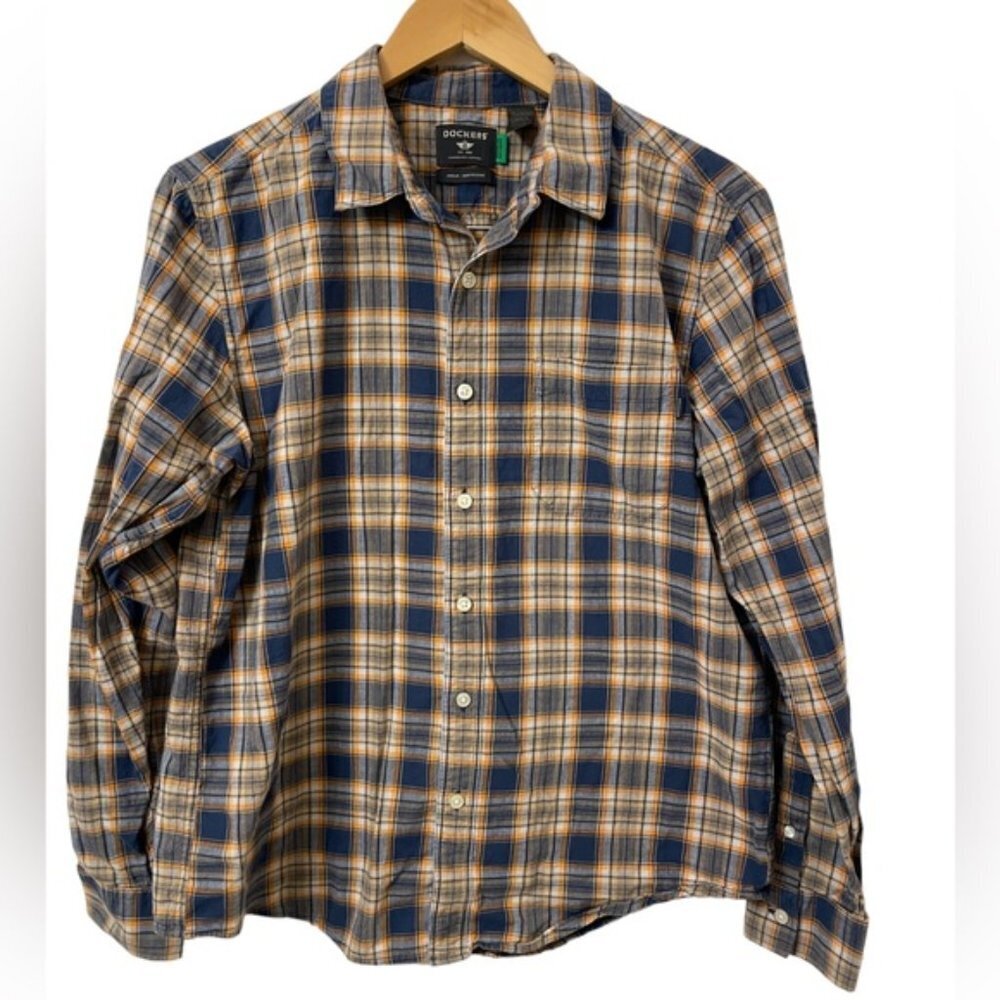 DOCKERS blue orange casual button down long sleeve Medium